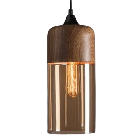 Scandinavian Glass Pendant Light with Adjustable Cord and Wood Look Finish