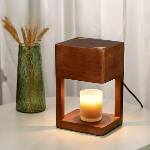 Candle Warmer Lamp with Open Wood Frame and Adjustable Brightness