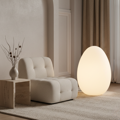 Floor Lamp with Sculptural Egg Shape and Three LED Light Colors