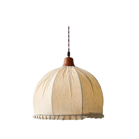 Pendant Light with Pleated Linen Dome Shade and Wood Cap