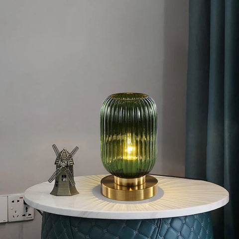 Ribbed Glass Table Lamp with Metal Base and Decorative Ambient Lighting