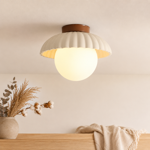Ribbed Glass and Iron Flush-Mount Ceiling Light for Indoor Use