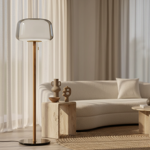Floor Lamp with Layered Glass Dome and Wood Column Details