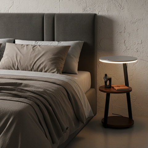 Side Table Lamp with LED Ring and Wireless Charging