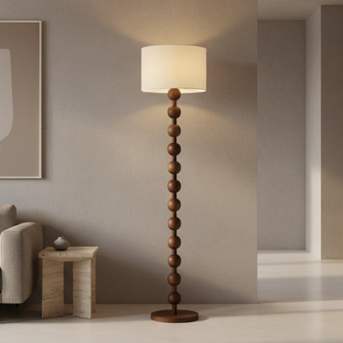 Floor Lamp with Stacked Wood Spheres and Fabric Drum Shade