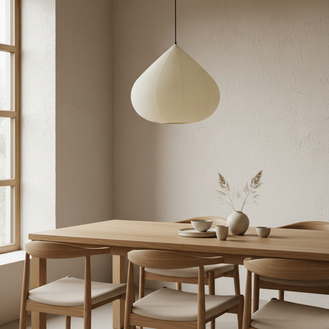 Pendant Light with Ribbed Paper Shade and Adjustable Suspension