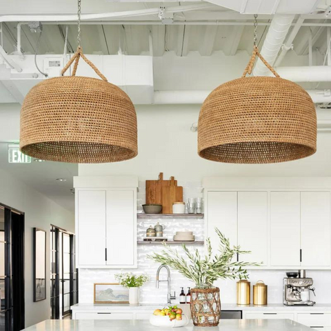 Pendant Light with Handwoven Rattan and Japandi Dome Shade