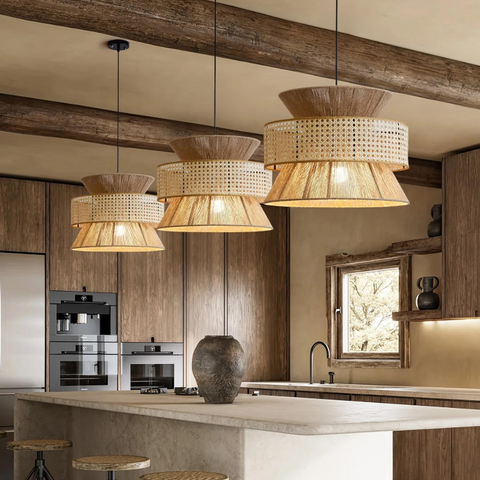Pendant Light with Layered Handwoven Rattan Veil Shade