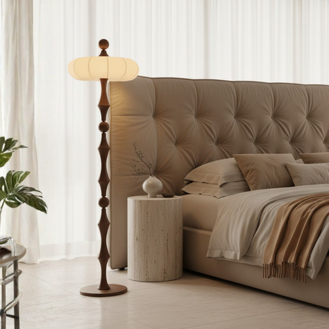 Floor Lamp with Sculpted Wood Stem and Tiered Fabric Shade