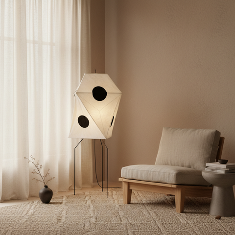 Floor Lamp with Faceted Paper Lantern and Circular Motifs
