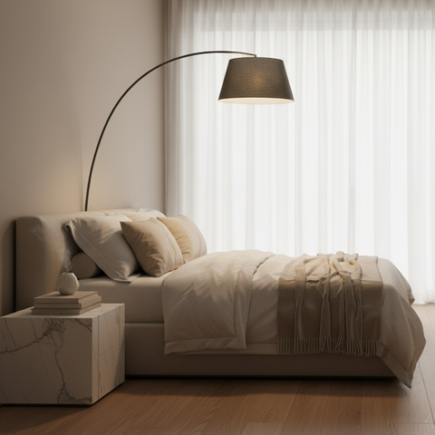 Arc Floor Lamp with Fabric Shade and Curved Metal Stem