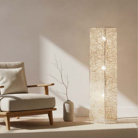 Floor Lamp with Woven Column Shade and Three Light Sources