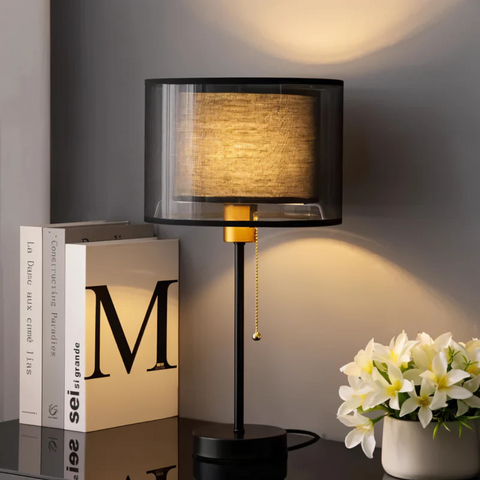 Vintage Table Lamp with Double Fabric Shade for Warm Ambient Indoor Lighting