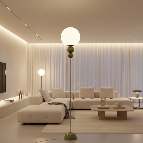 Floor Lamp with Globe Diffuser and Stacked Sphere Details