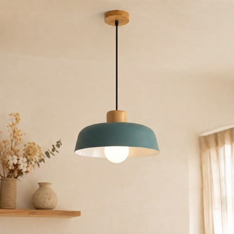 Iron Pendant Light with Wood Accent and Selectable Light Modes