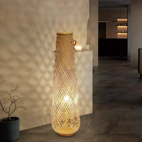 Floor Lamp with Woven Bamboo Column and Plug-In Light