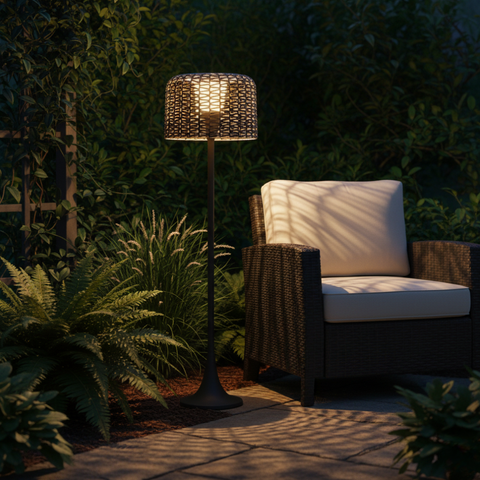 Floor Lamp with Woven Rattan Shade and Solar Outdoor Lighting