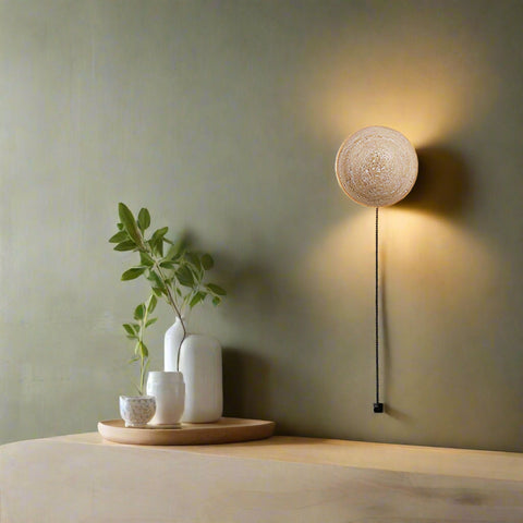 Wall Light with Round Travertine Disc and Pull-Cord Accent