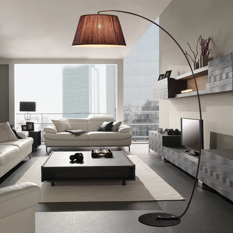 Arc Floor Lamp with Fabric Shade and Curved Metal Stem