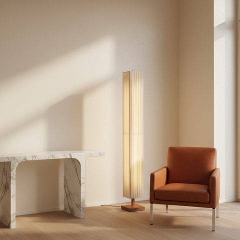 Floor Lamp with Pleated Fabric Shade and Wood Base