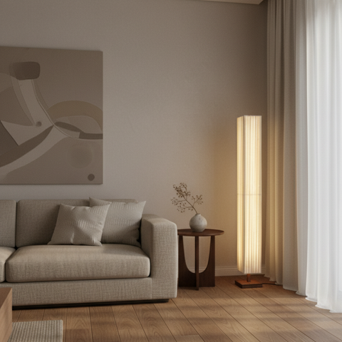 Floor Lamp with Pleated Fabric Shade and Wood Base
