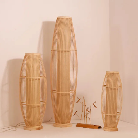 Table and Floor Lamp with Bamboo Slat Shade and Warm LED Light