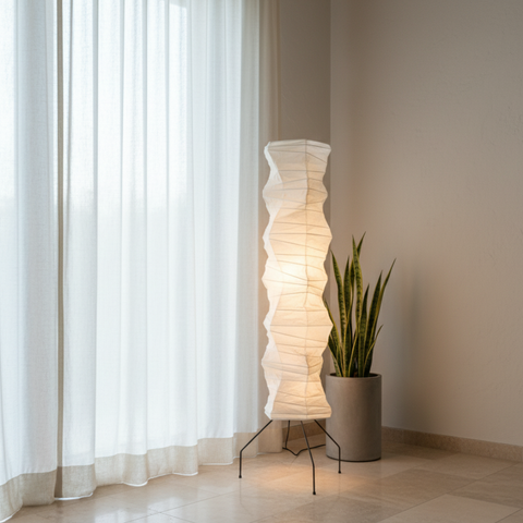 Floor Lamp with Sculptural Paper Shade and Warm LED Light