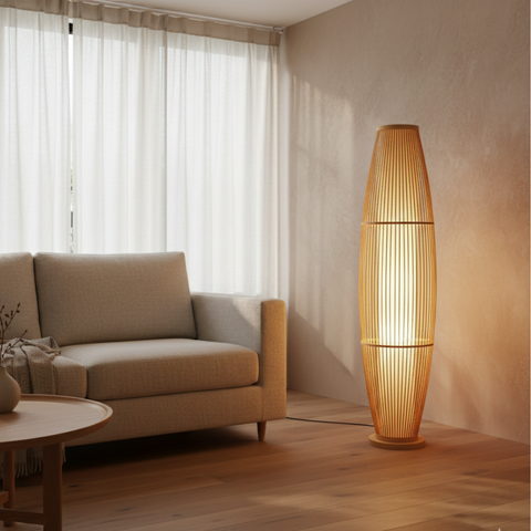 Table and Floor Lamp with Bamboo Slat Shade and Warm LED Light