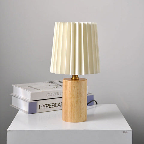 Pleated Fabric Table Lamp with Wood Base and Cylinder Shade
