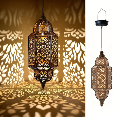 Moroccan Solar Hanging Lantern with Floral Cutout Pattern