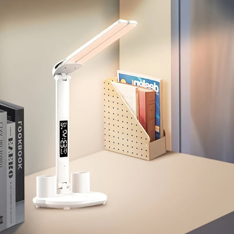 Adjustable Dual-Head LED Desk Lamp with Clock and USB Power