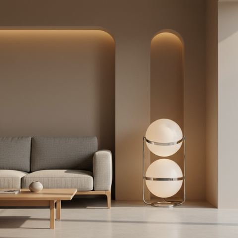 Floor Lamp with Globe Shade and Open Metal Frame