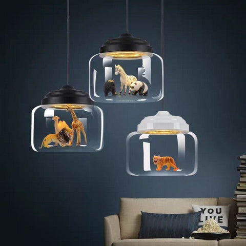 Pendant Light with Glass Display Shade and Playful Zoo Detail