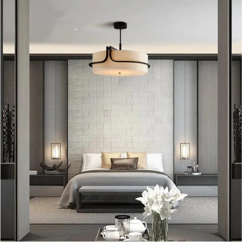 Pendant Light with Fabric Drum Shade and Metal Frame