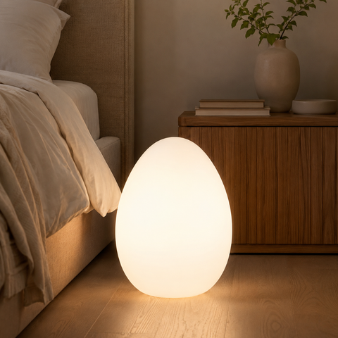 Floor Lamp with Sculptural Egg Shape and Three LED Light Colors