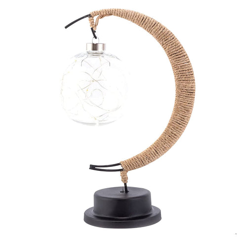 Crescent Rope-Wrapped Table Lamp with Clear Globe Shade and Battery-Powered LED Lighting