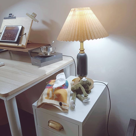 French Pleated Table Lamp with Sculptural Metal Base for Bedrooms