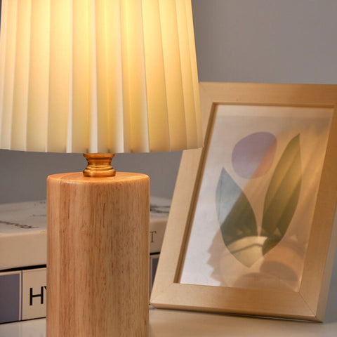 Pleated Fabric Table Lamp with Wood Base and Cylinder Shade