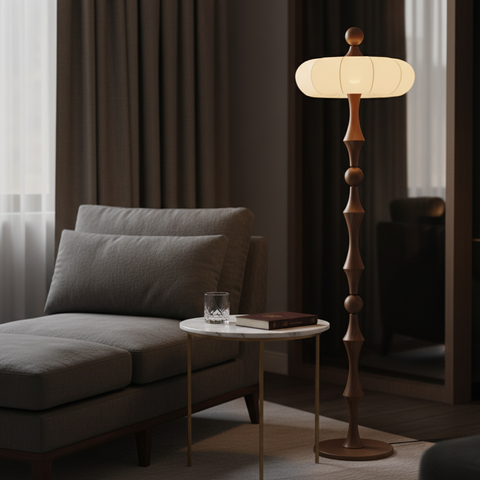 Floor Lamp with Sculpted Wood Stem and Tiered Fabric Shade