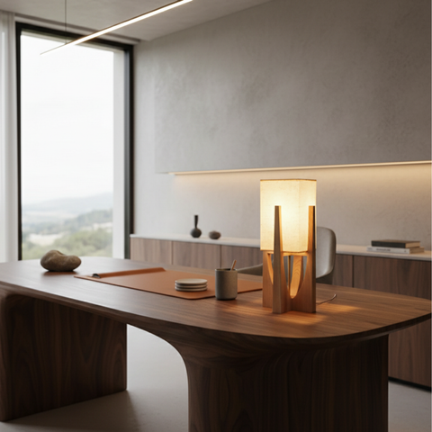 Table and Floor Lamp with Fabric Shade and Cutout Wood Base