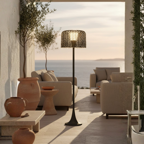 Floor Lamp with Woven Rattan Shade and Solar Outdoor Lighting