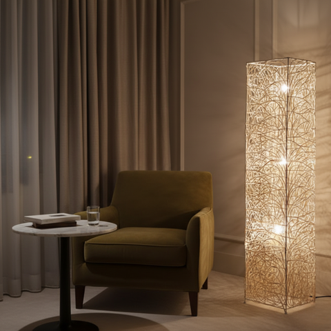 Floor Lamp with Woven Column Shade and Three Light Sources