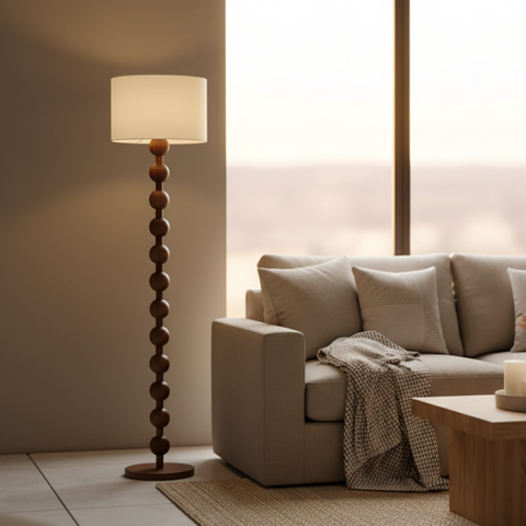 Floor Lamp with Stacked Wood Spheres and Fabric Drum Shade