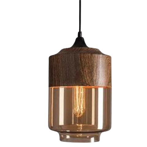 Scandinavian Glass Pendant Light with Adjustable Cord and Wood Look Finish