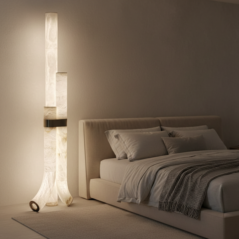 Floor Lamp with Veined Stone Shades and Curved Column Design