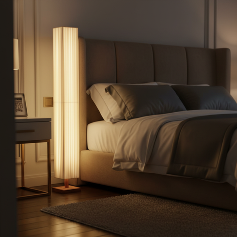 Floor Lamp with Pleated Fabric Shade and Wood Base