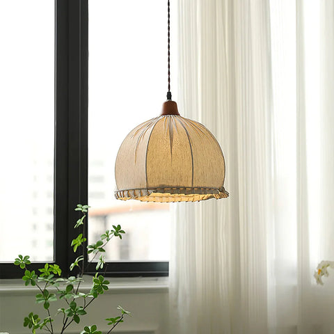 Pendant Light with Pleated Linen Dome Shade and Wood Cap