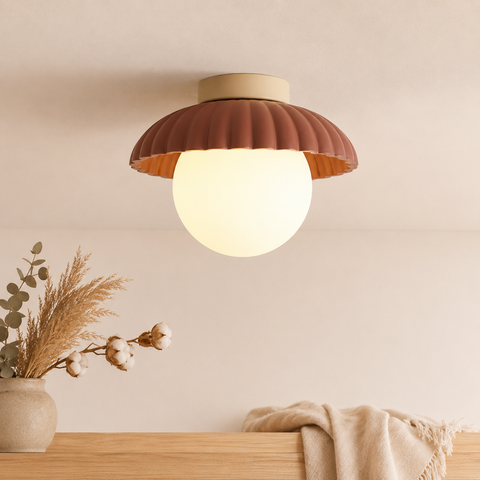 Ribbed Glass and Iron Flush-Mount Ceiling Light for Indoor Use