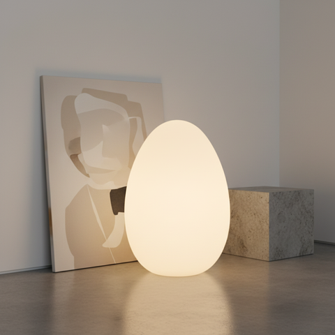 Floor Lamp with Sculptural Egg Shape and Three LED Light Colors