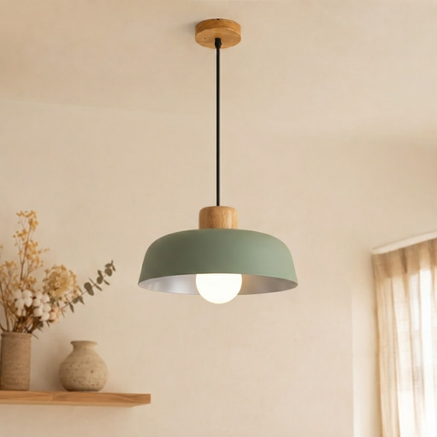 Iron Pendant Light with Wood Accent and Selectable Light Modes